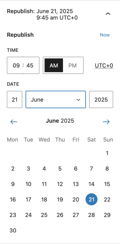Screenshot showing the date and time to set republishing schedule.